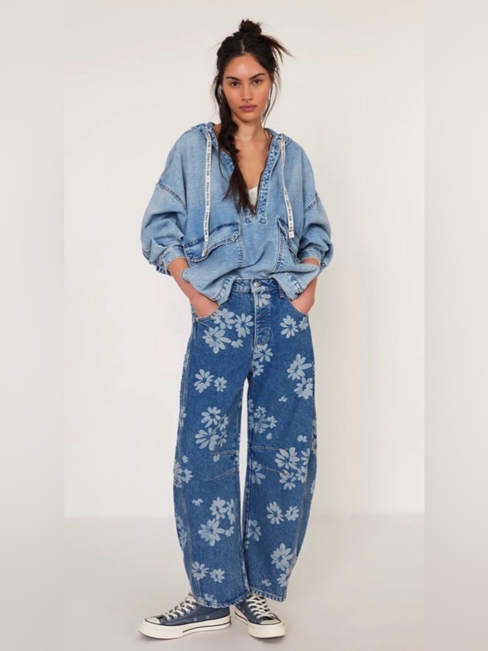 We The Free Good Luck Mid-Rise Barrel Jean. Laser Daisy
